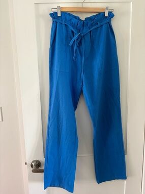 Love Tree bright blue Linen Blend Pants Elastic Waist Tie Belt Relaxed fit Small
